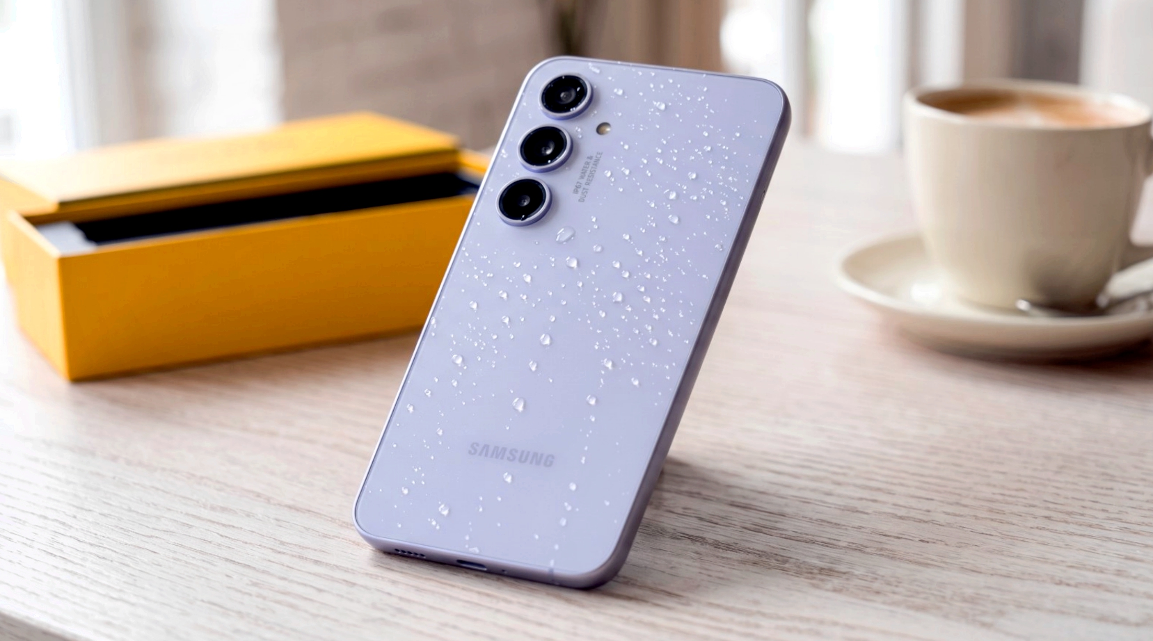 Влагозащищённый корпус Samsung Galaxy A36 5G на светлой поверхности рабочего стола.